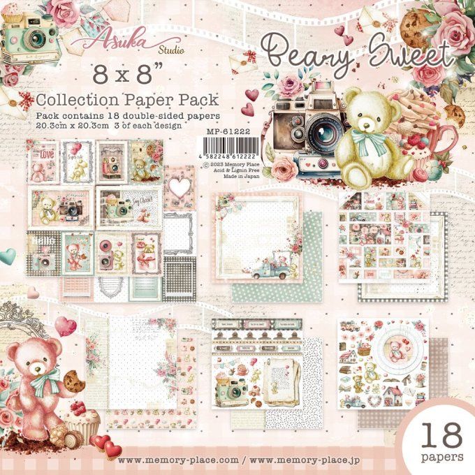 Ensemble de 18 feuilles, format 20x20cm, Memory-Place, Beary sweet - motif recto verso