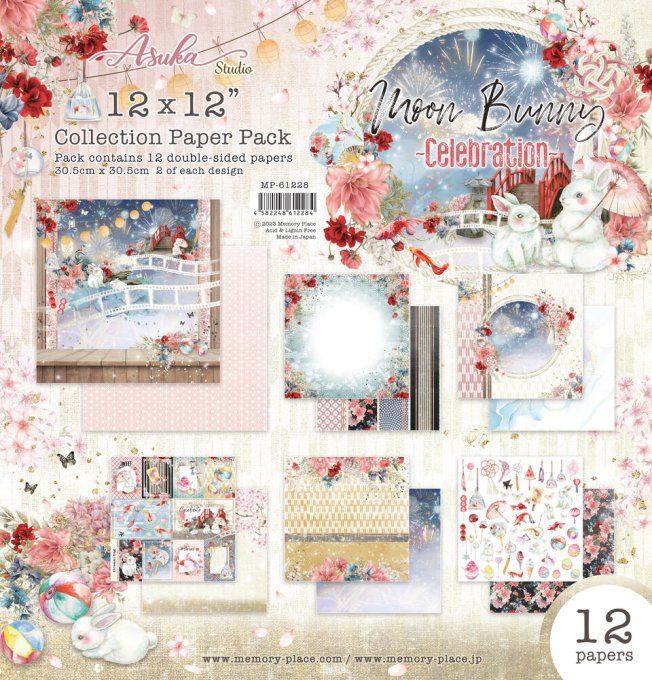 Ensemble de 12 feuilles, format 30x30cm, Memory-Place, Moon bunny, Celebration - motif recto verso