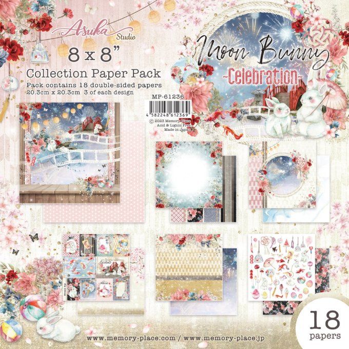 Ensemble de 18 feuilles, format 20x20cm, Memory-Place, Moon bunny, Celebration - motif recto verso