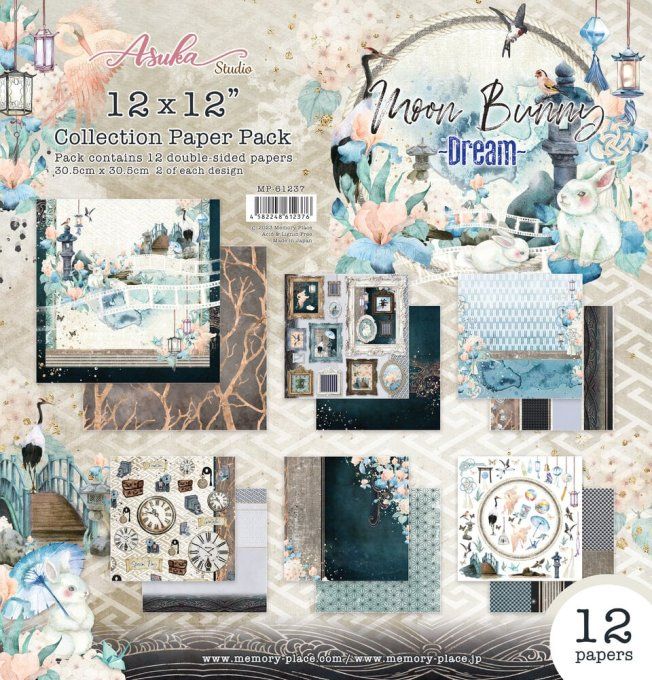 Ensemble de 12 feuilles, format 30x30cm, Memory-Place, Moon bunny, Dream - motif recto verso