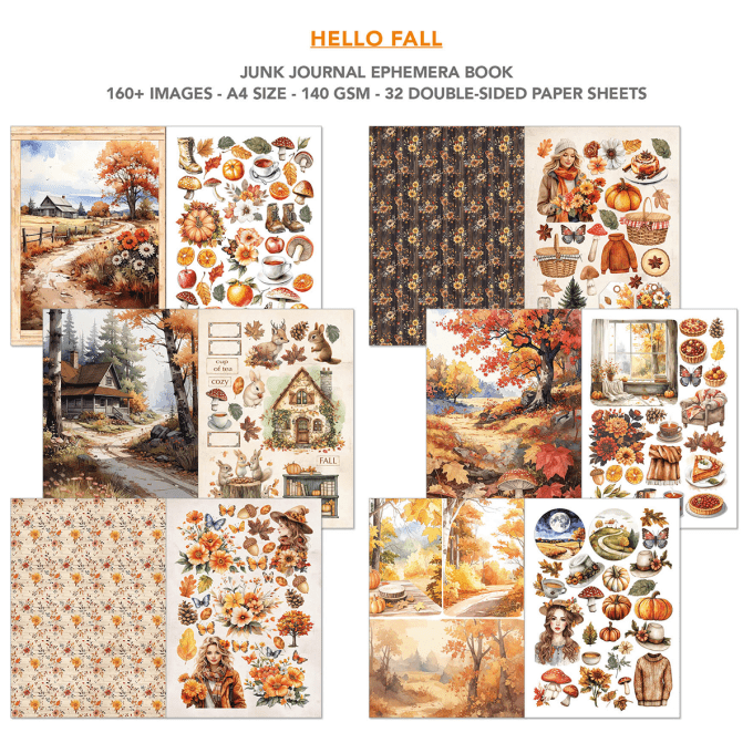 Ciao bella - Ephemera book, Hello Fall , format A4 - 32 feuilles de papier recto verso