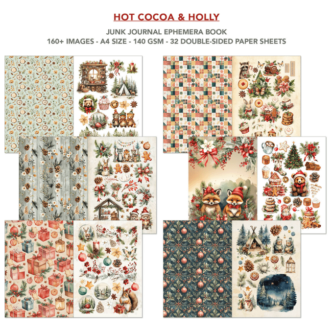 Ciao bella - Ephemera book, Hot cocoa & holly, format A4 - 32 feuilles de papier recto verso
