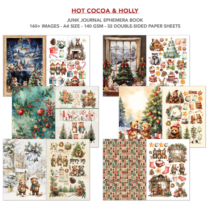 Ciao bella - Ephemera book, Hot cocoa & holly, format A4 - 32 feuilles de papier recto verso
