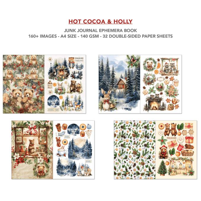 Ciao bella - Ephemera book, Hot cocoa & holly, format A4 - 32 feuilles de papier recto verso