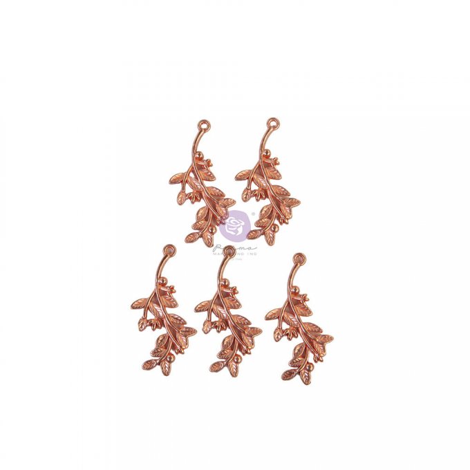 5 charms en forme de feuillage, en métal couleur rose or, Prima collection watercolor floral