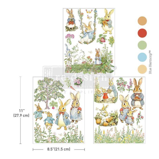 Re-Design - The cottontail diaries - Decalcomanies, 3 feuilles, dimensions 21.5x27.9cm