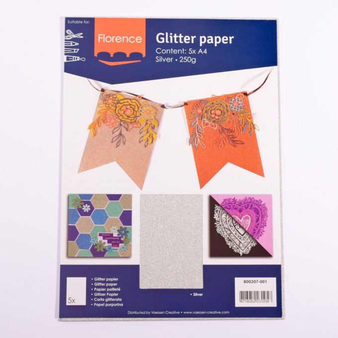 5 Feuilles de papier pailleté - format A4 - couleur : Argent - 250g