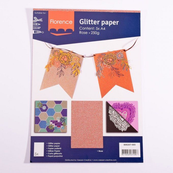 5 Feuilles de papier pailleté - format A4 - couleur : rose - 250g