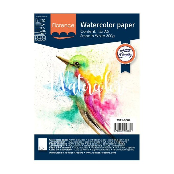 15 feuilles aquarelle, lisse, blanc, format : A5 - 300g