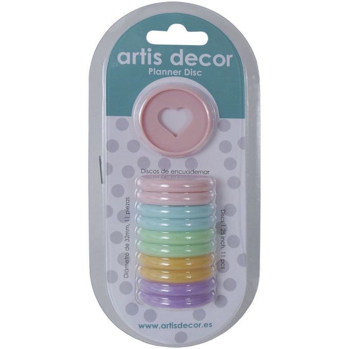 Lot de 11 Disques pour relier, couleur : assortiment pastel, diamètre 32mm - évidé en forme de cœur