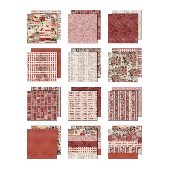 12 feuilles, Idea-ology Palette, Tim Holtz, papier pattern en 30x30cm - tons rouge
