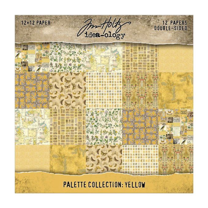 12 feuilles, Idea-ology Palette, Tim Holtz, papier pattern en 30x30cm - tons jaunes