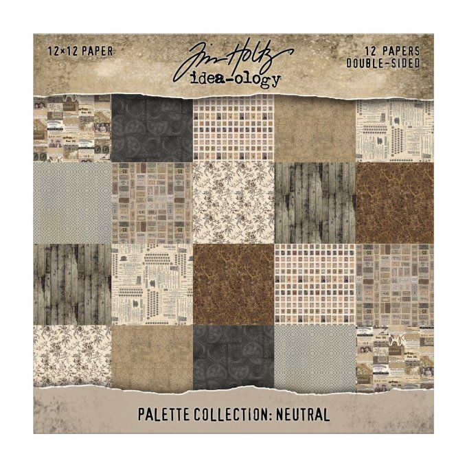 12 feuilles, Idea-ology Palette, Tim Holtz, papier pattern en 30x30cm - tons neutres