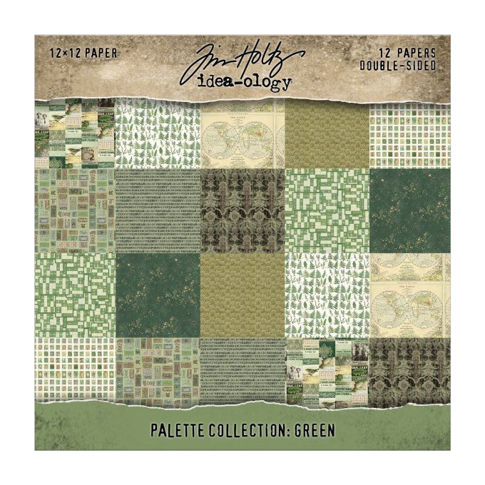 12 feuilles, Idea-ology Palette, Tim Holtz, papier pattern en 30x30cm - tons verts