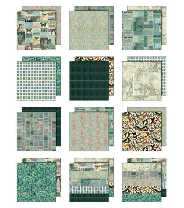 12 feuilles, Idea-ology Palette, Tim Holtz, papier pattern en 30x30cm - tons Teal