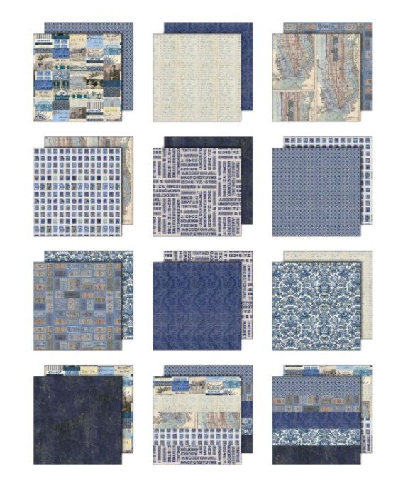 12 feuilles, Idea-ology Palette, Tim Holtz, papier pattern en 30x30cm - tons Indigo
