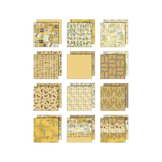 12 feuilles, Idea-ology Palette, Tim Holtz, papier pattern en 20x20cm - tons jaunes