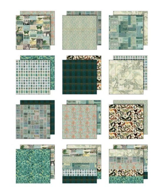 12 feuilles, Idea-ology Palette, Tim Holtz, papier pattern en 20x20cm - tons Teal 