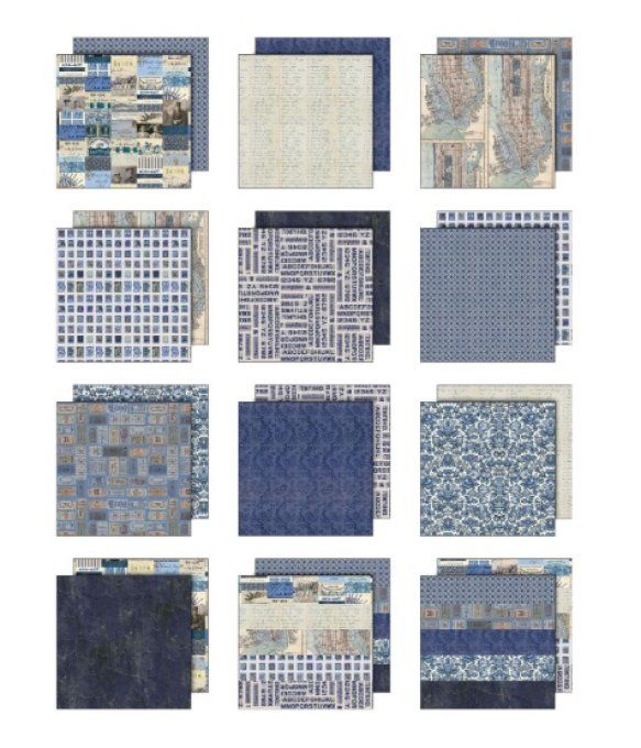 12 feuilles, Idea-ology Palette, Tim Holtz, papier pattern en 20x20cm - tons Indigo