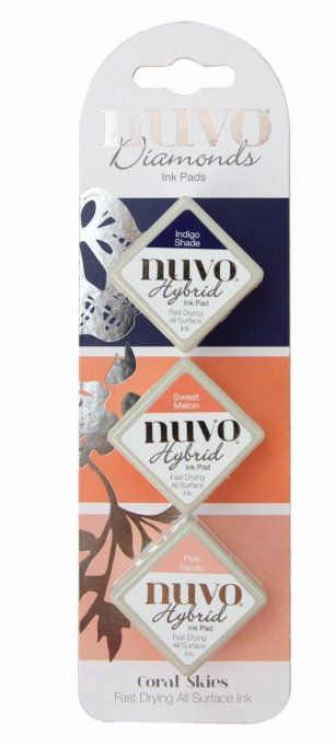 Lot de 3 Encres hybrides, mini pad, Nuvo, couleur : Indigo shade, Sweet melon , Pink sands