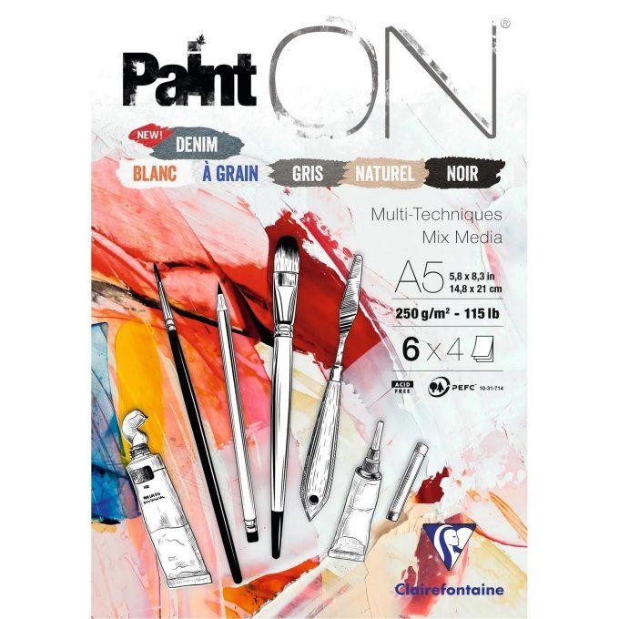 Bloc de 24 feuilles, Paint on, Clairefontaine - 250g - format A5 - papier multi-techniques, couleur