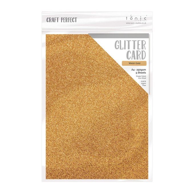 Craft perfect, Tonic Studio, Glitter card, format A4, 250g, 5 feuilles, Couleur : Welsh gold