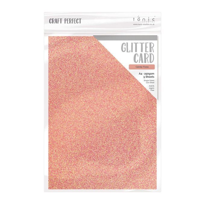 Craft perfect, Tonic Studio, Glitter card, format A4, 250g, 5 feuilles, Couleur : Candy Floss