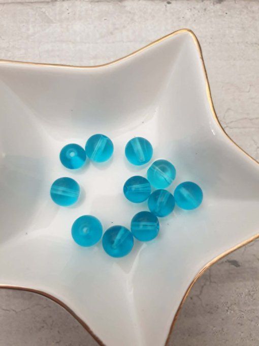 Perles en verre ronde, couleur bleu ciel, diamètre 12mm environ, x5 