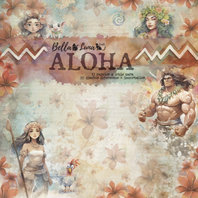 Ensemble de 12 feuilles motif recto verso, 20x20 - Aloha - BellaLuna crafts