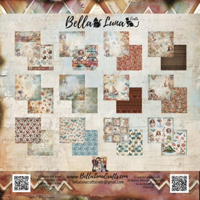 Ensemble de 12 feuilles motif recto verso, 20x20 - Aloha - BellaLuna crafts
