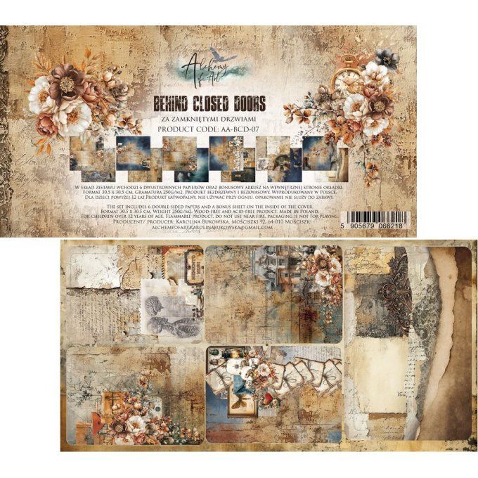 Ensemble de 6 feuilles, 30x30cm, collection : Behind closed doors, 250gsm