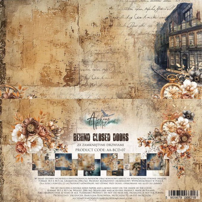 Ensemble de 6 feuilles, 30x30cm, collection : Behind closed doors, 250gsm