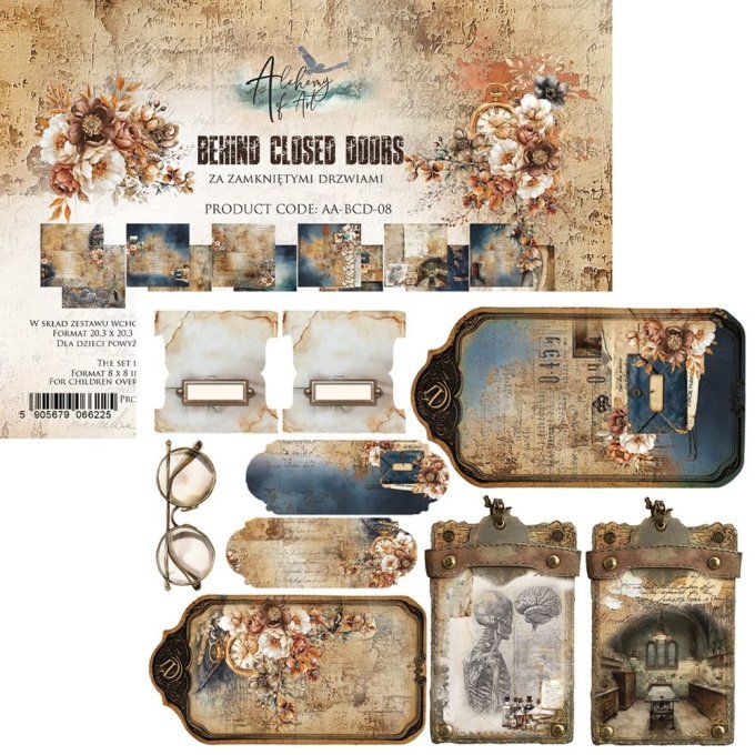 Ensemble de 12 feuilles, 20x20cm, collection : Behind closed doors, 190gsm