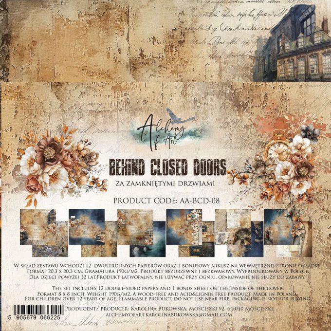 Ensemble de 12 feuilles, 20x20cm, collection : Behind closed doors, 190gsm