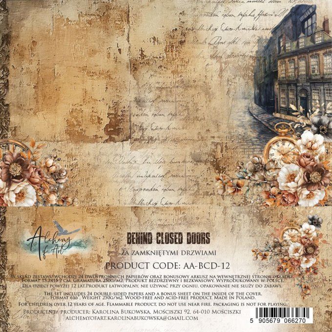 Ensemble de 24 feuilles, 15x15cm, collection : Behind closed doors, 250gsm