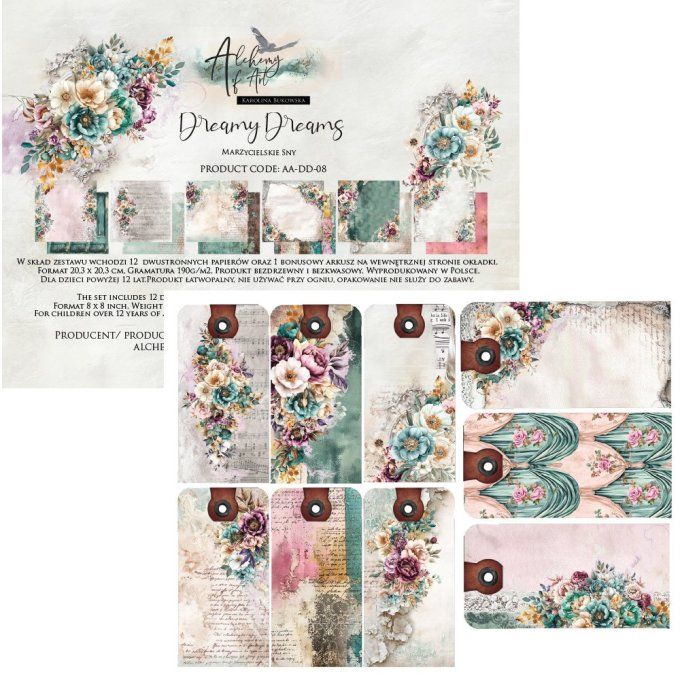 Ensemble de 12 feuilles, 20x20cm, collection : Dreamy dreams, 190gsm