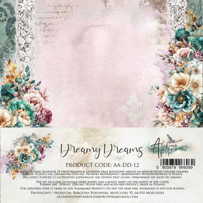 Ensemble de 24 feuilles, 15x15cm, collection : Dreamy dreams, 250gsm