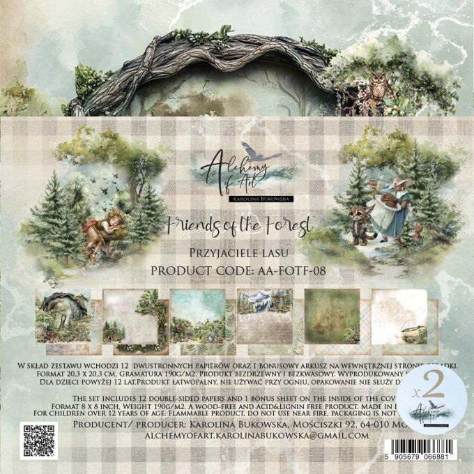 24 feuilles, 20x20cm, collection : Friends of the forest - 190gsm