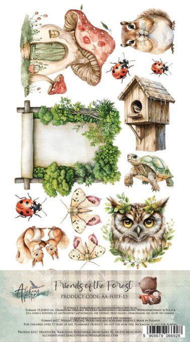 12 feuilles, 15x30cm, collection : Friends of the Forest - 250gsm 