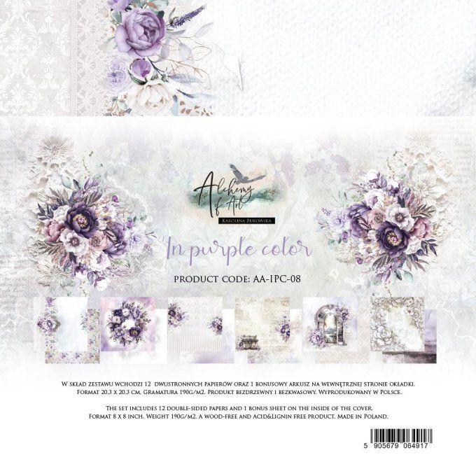 Ensemble de 12 feuilles, 20x20cm, collection : In purple colors, 250gsm