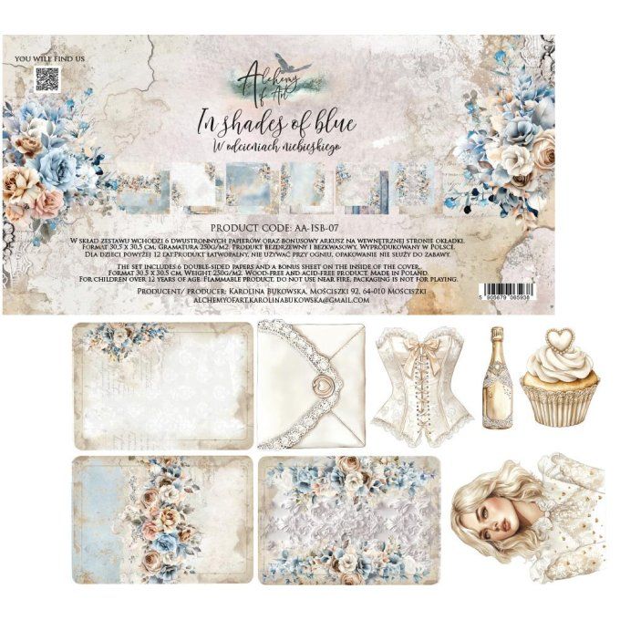 Ensemble de 6 feuilles, 30x30cm, collection : In shades of blue, 250gsm