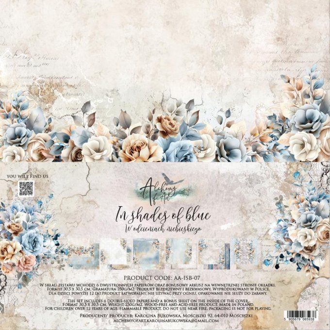 Ensemble de 6 feuilles, 30x30cm, collection : In shades of blue, 250gsm