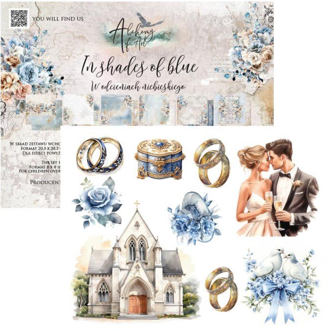 Ensemble de 12 feuilles, 20x20cm, collection : In shades of blue, 190gsm