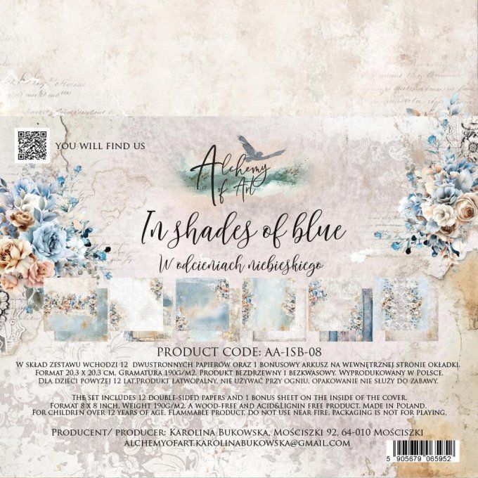 Ensemble de 12 feuilles, 20x20cm, collection : In shades of blue, 190gsm