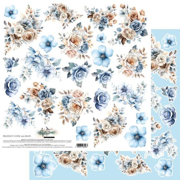 Feuille à l'unité, 30x30cm, In shades of blue, 250g,motifs recto, éléments à découper 
