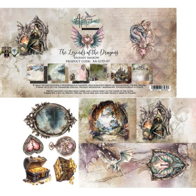 Ensemble de 6 feuilles, 30x30cm, collection : The legends of the dragons, 250gsm