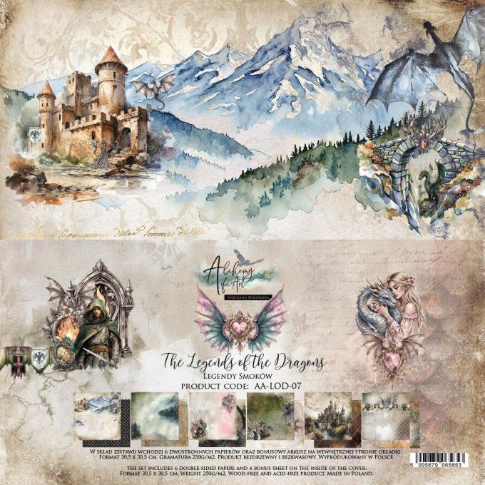 Ensemble de 6 feuilles, 30x30cm, collection : The legends of the dragons, 250gsm