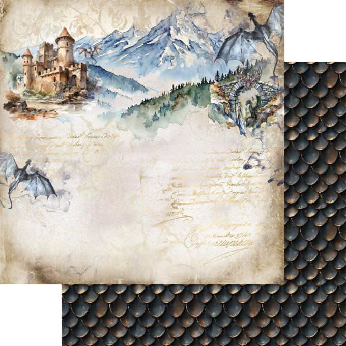 Ensemble de 12 feuilles, 20x20cm, collection : The legends of the dragons, 190gsm