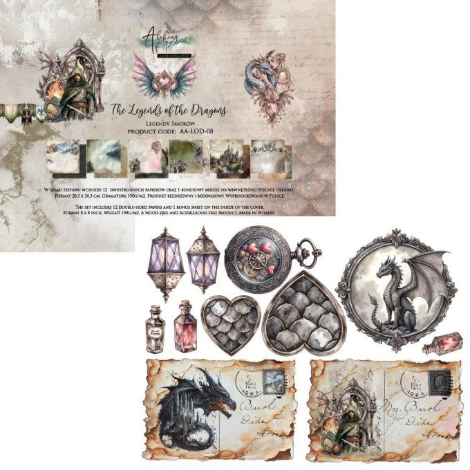 Ensemble de 12 feuilles, 20x20cm, collection : The legends of the dragons, 190gsm