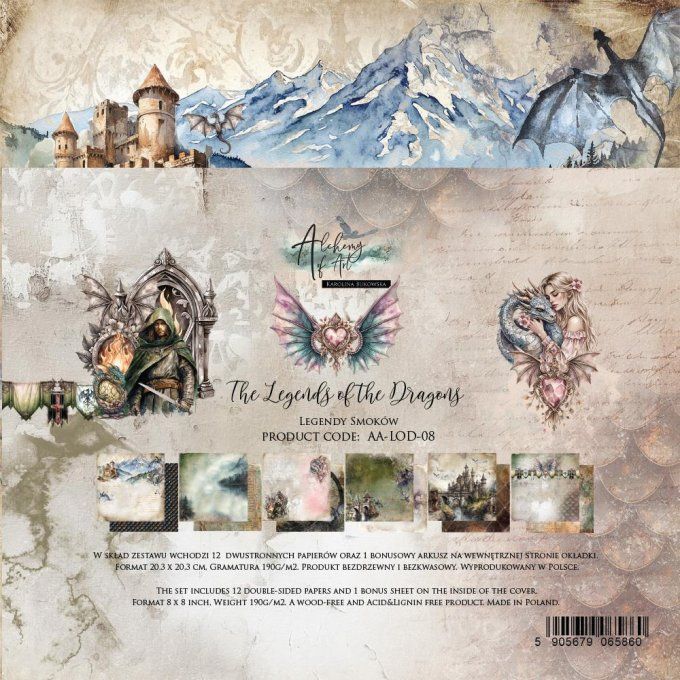 Ensemble de 12 feuilles, 20x20cm, collection : The legends of the dragons, 190gsm